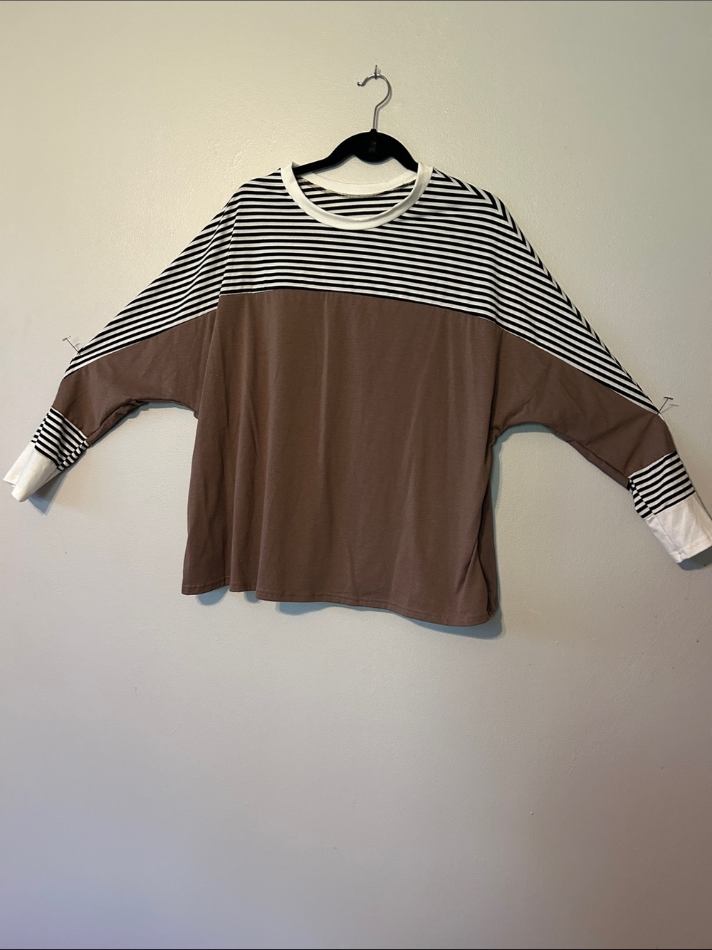 Striped Yoke Brown Long-Sleeve Blouse